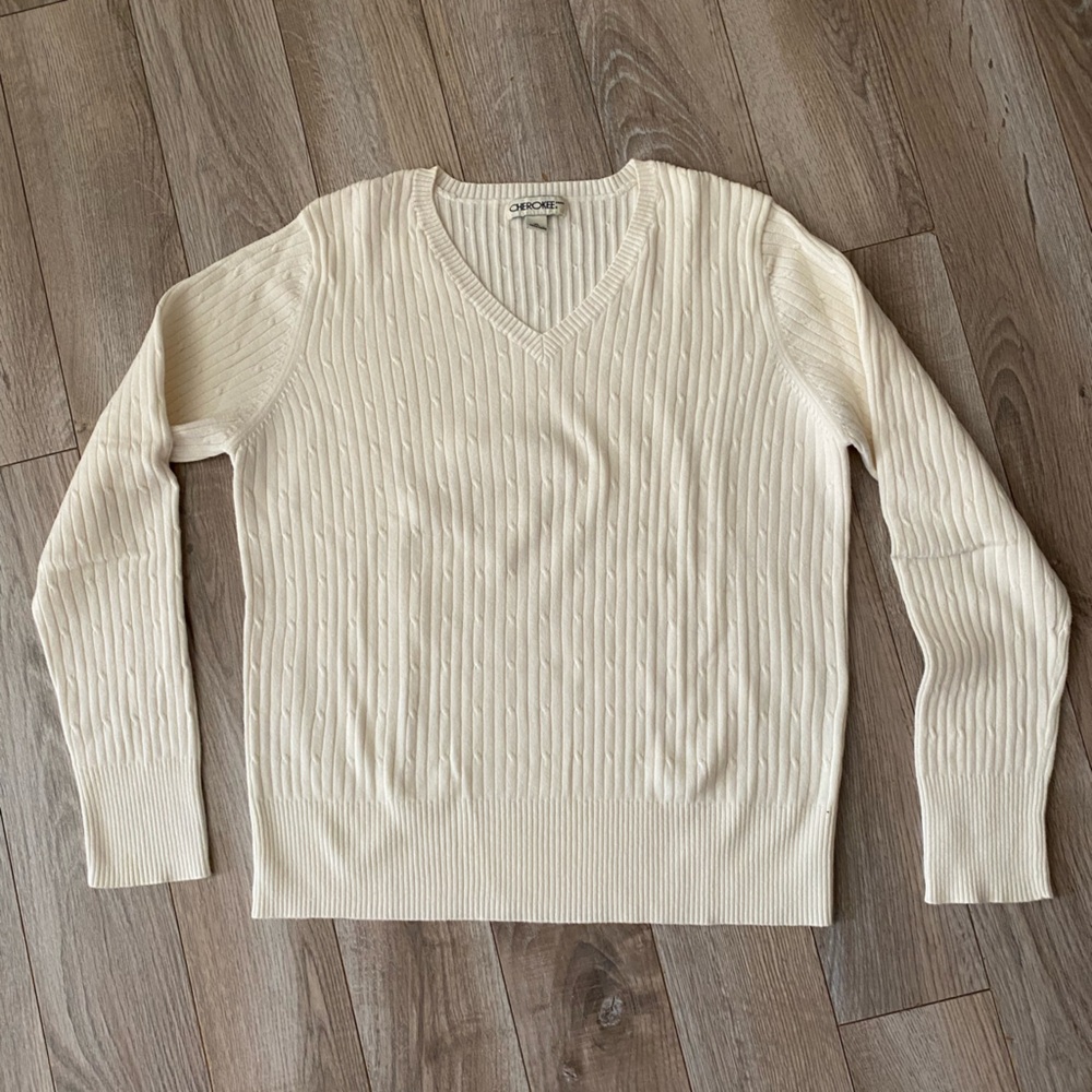 Cherokee Cream V-Neck Sweater Ribbed Knit Size XL